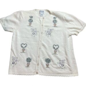 Vintage Alfred Dunner Cream Knit Top With Floral Embroidery Size M